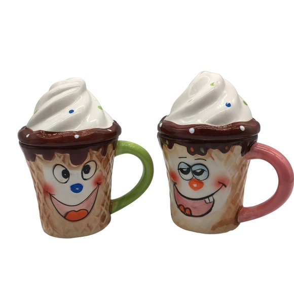 Ice Cream Mug Waffle Cone Swirl Top Silly Face Floats Hot Chocolate Ceramic - Picture 1 of 9